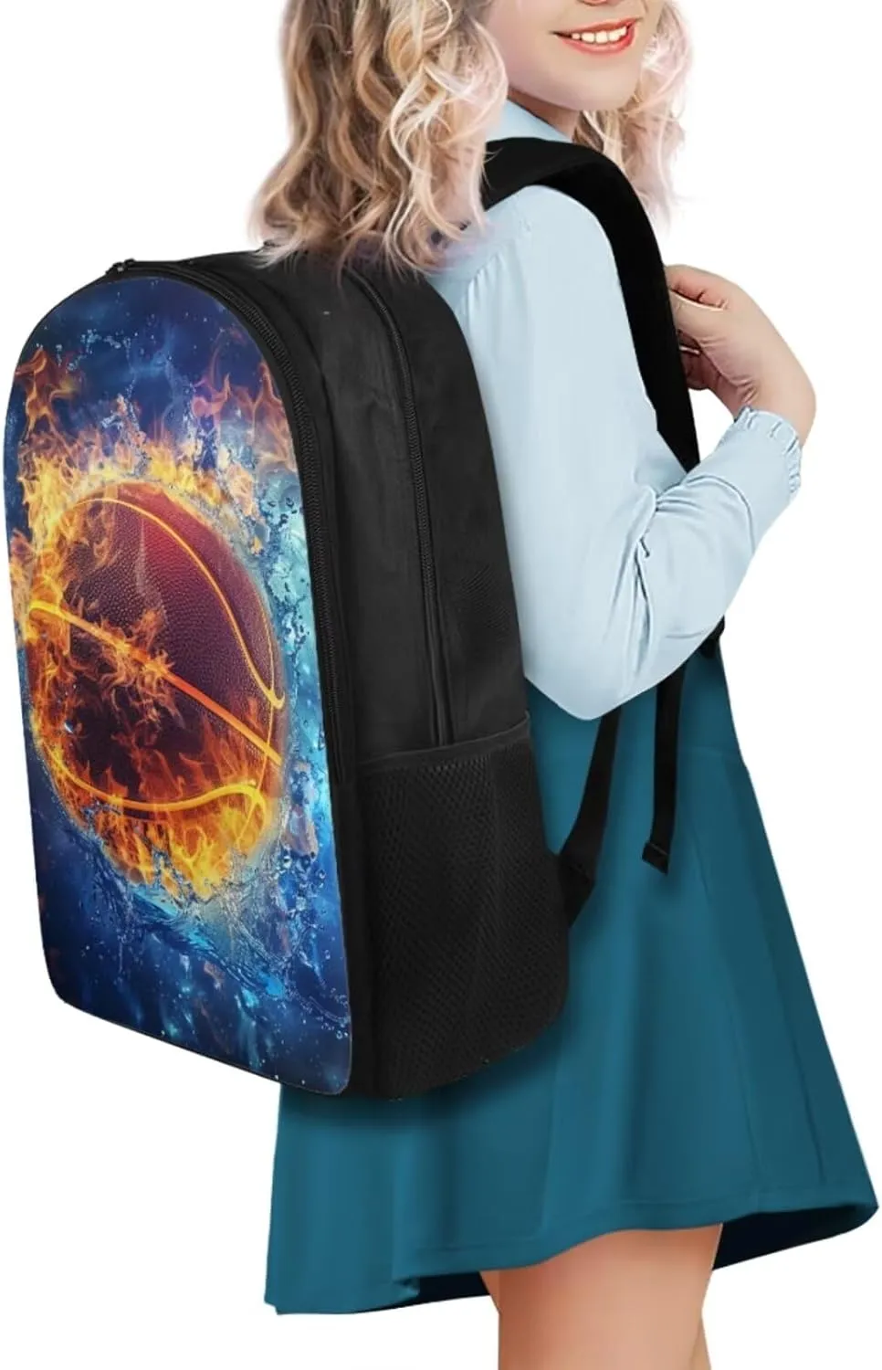 Burning Basketball 17 Inch Double Zipper School Bag Lunch Box Pencil Case 3 in 1 Book Bags for Kids Travel Backpack for Junior High Student School Bag Set for Children