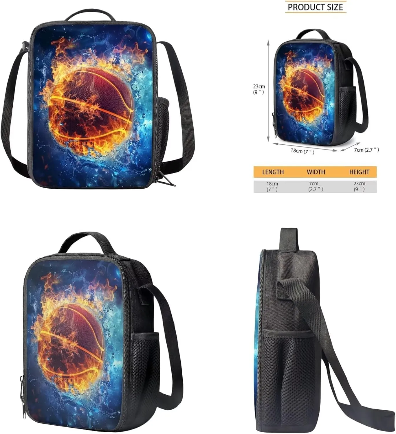 Burning Basketball 17 Inch Double Zipper School Bag Lunch Box Pencil Case 3 in 1 Book Bags for Kids Travel Backpack for Junior High Student School Bag Set for Children