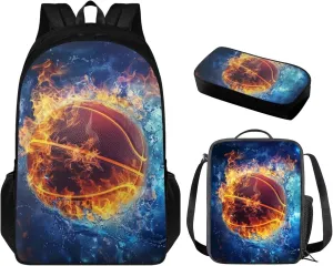 Burning Basketball 17 Inch Double Zipper School Bag Lunch Box Pencil Case 3 in 1 Book Bags for Kids Travel Backpack for Junior High Student School Bag Set for Children