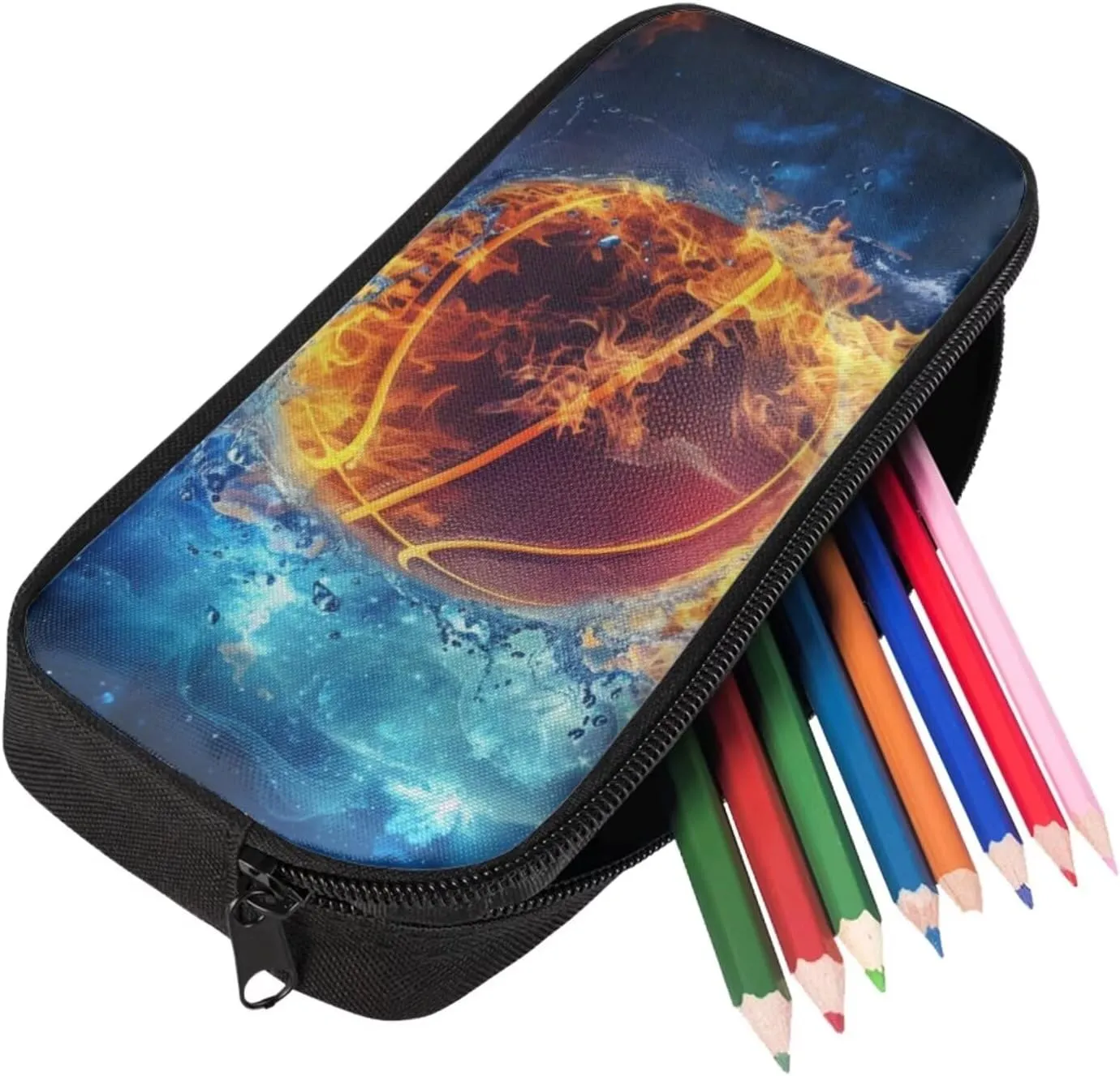 Burning Basketball 17 Inch Double Zipper School Bag Lunch Box Pencil Case 3 in 1 Book Bags for Kids Travel Backpack for Junior High Student School Bag Set for Children
