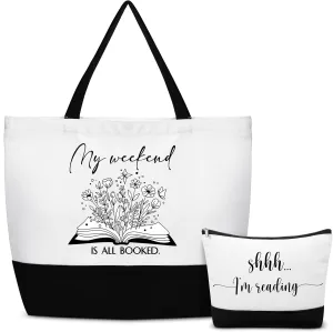 Buryeah 2 Pieces Mothers Day Book Lovers Tote Gifts for Women Book Club Makeup Bag Reusable Tote Bag Cosmetic Gift with Metal Zipper Graduation Gift for Teacher Librarian