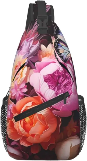 Butterflies and Fresh Bush Patterned multifunctional crossbody chest bag, suitable for casual hiking, unisex, convenient travel backpack
