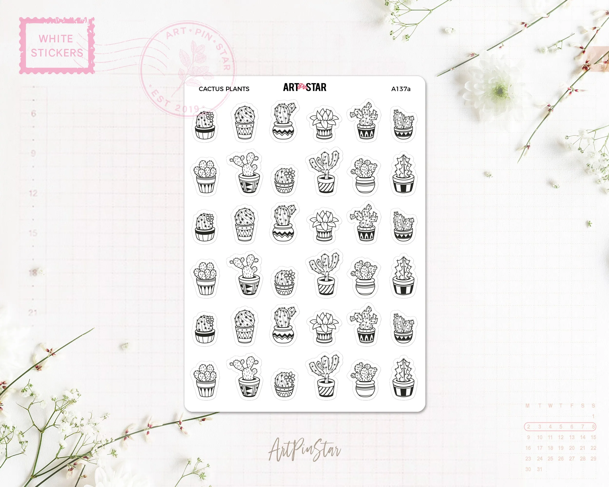 Cactus Plants White Stickers