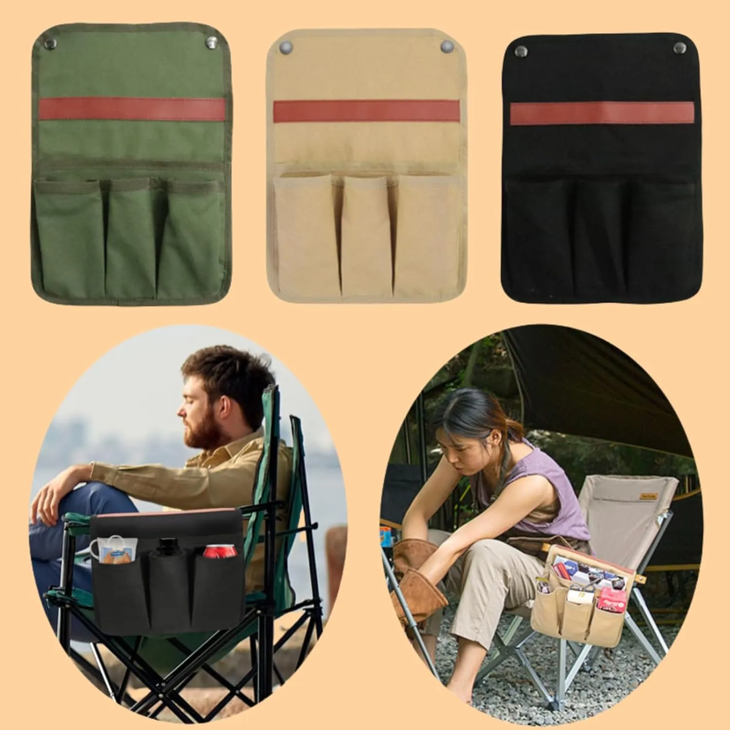 Camping Chair Armrest Bags, Chair Storage Bag Portable Camping Chair Side Bag 4 Pockets, for Beach Chairs, Camping Chairs and Garden Chairs (Black)