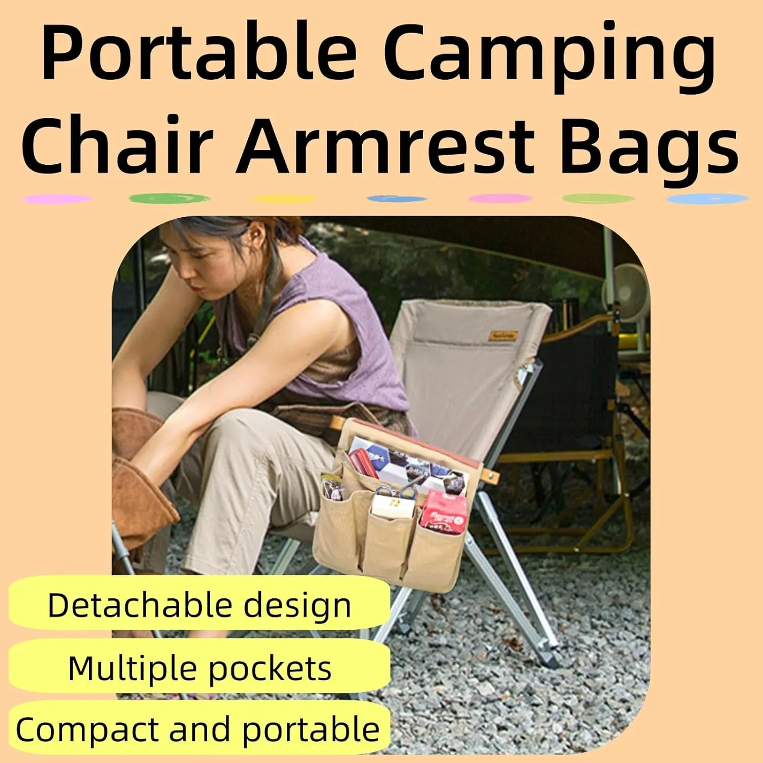 Camping Chair Armrest Bags, Chair Storage Bag Portable Camping Chair Side Bag 4 Pockets, for Beach Chairs, Camping Chairs and Garden Chairs (Black)