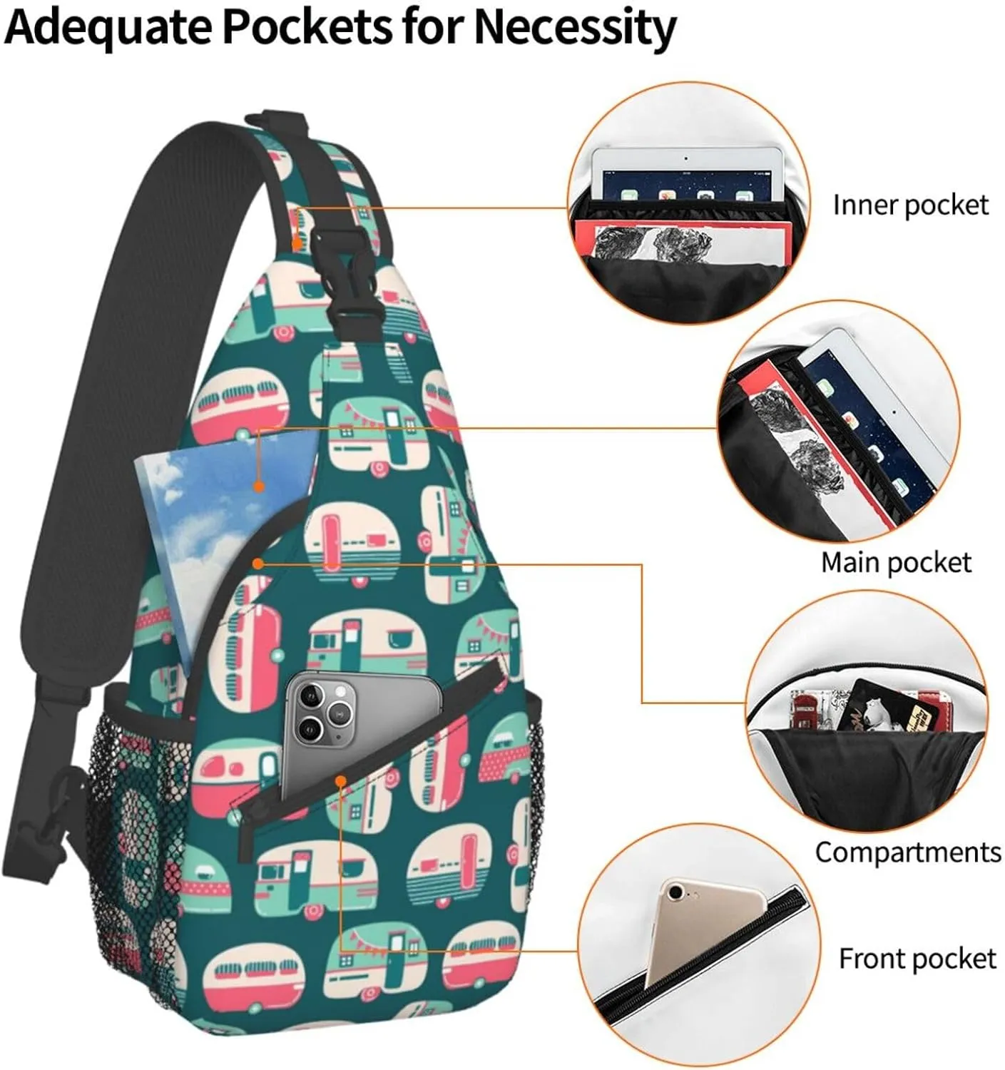 Camping Trailers Camper Sling Bag for Men Women Crossbody Backpack Hiking Travel Daypack Chest Shoulder Bag with Adjustable Strap