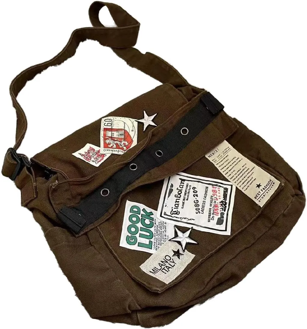 Canvas Messenger Bag for Women Vintage Crossbody Bag Star Patch Grunge Shoulder Bag