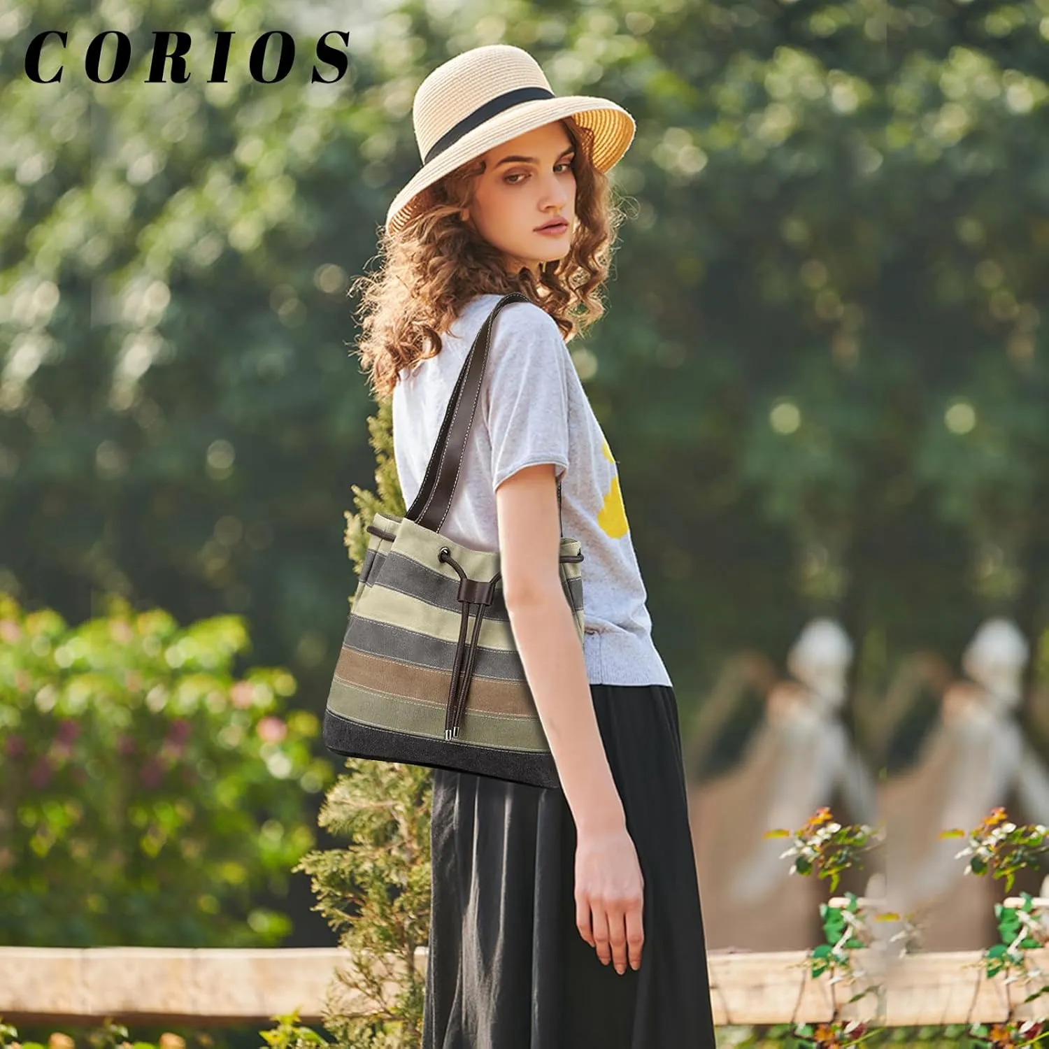 Canvas Shoulder Bag for Women Multi-Colour Striped Handbag Casual Top Handle Bag Large Hobo Bag Multi-Pocket Tote Bag