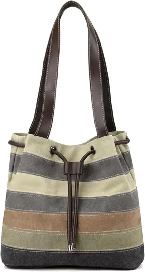 Canvas Shoulder Bag for Women Multi-Colour Striped Handbag Casual Top Handle Bag Large Hobo Bag Multi-Pocket Tote Bag