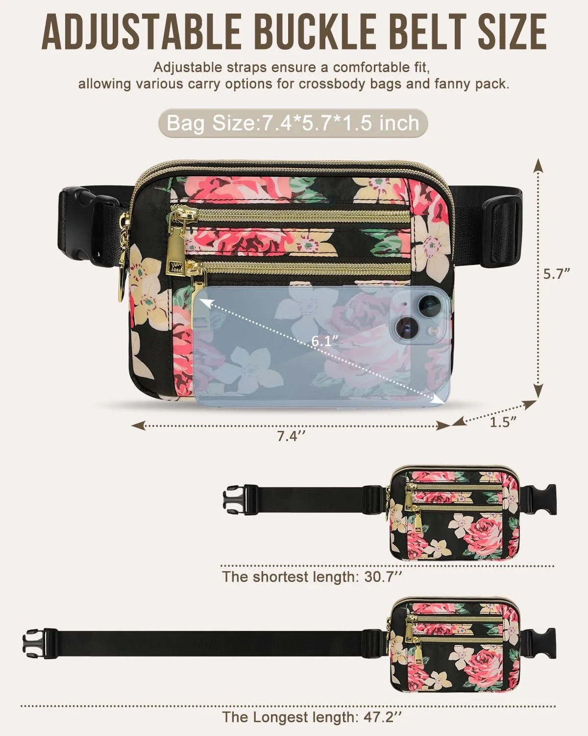 Capolo Fanny Packs for Women Fashion Waist Packs Bag with Adjustable Strap and 4 Zipper Pockets Waterproof Everywhere Crossbody Belt Bag for Workout Running Travelling(Rose)