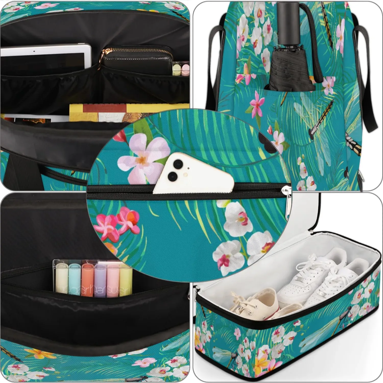 Cartoon Dragonfly Floral Sports Gym Bag with Shoes Compartment Foldable Travel Duffel Bag Dry Wet Separated Sports Tote Workout Weekender Overnight Bag for Women Yoga Dance Work Training Handbag
