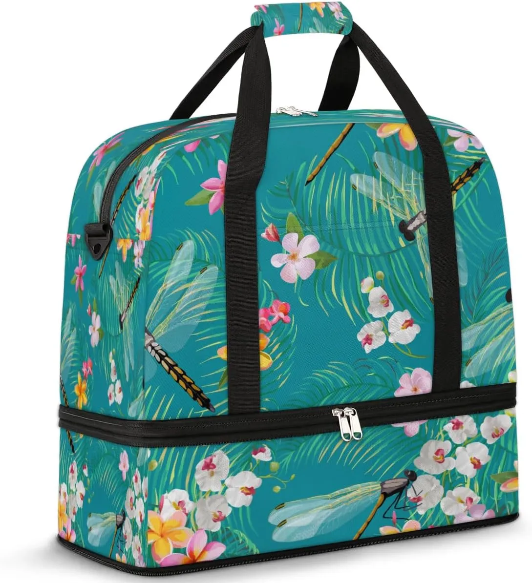 Cartoon Dragonfly Floral Sports Gym Bag with Shoes Compartment Foldable Travel Duffel Bag Dry Wet Separated Sports Tote Workout Weekender Overnight Bag for Women Yoga Dance Work Training Handbag