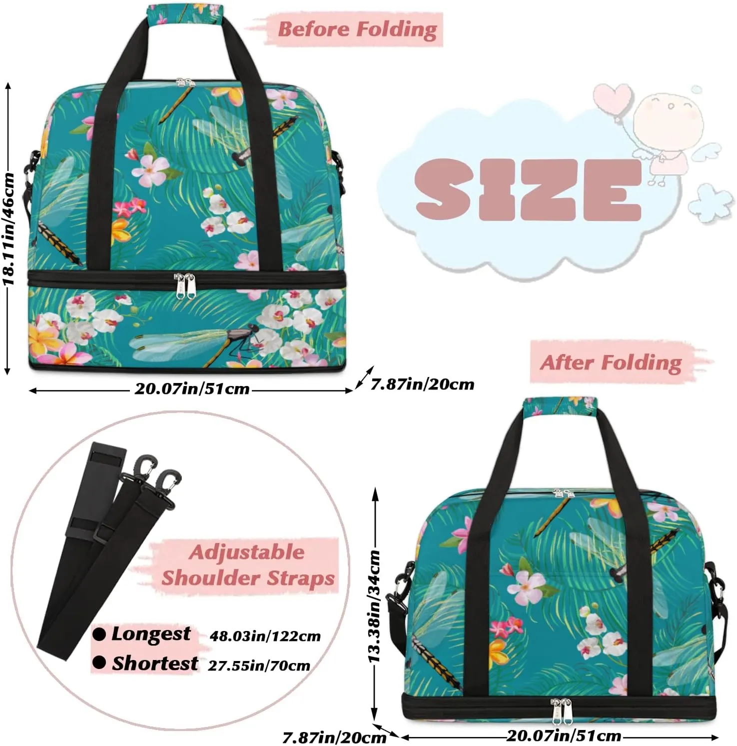 Cartoon Dragonfly Floral Sports Gym Bag with Shoes Compartment Foldable Travel Duffel Bag Dry Wet Separated Sports Tote Workout Weekender Overnight Bag for Women Yoga Dance Work Training Handbag