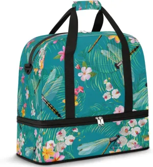 Cartoon Dragonfly Floral Sports Gym Bag with Shoes Compartment Foldable Travel Duffel Bag Dry Wet Separated Sports Tote Workout Weekender Overnight Bag for Women Yoga Dance Work Training Handbag