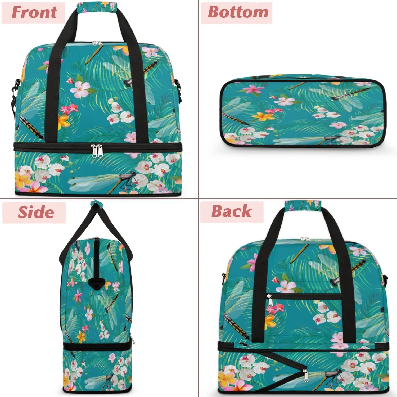Cartoon Dragonfly Floral Sports Gym Bag with Shoes Compartment Foldable Travel Duffel Bag Dry Wet Separated Sports Tote Workout Weekender Overnight Bag for Women Yoga Dance Work Training Handbag