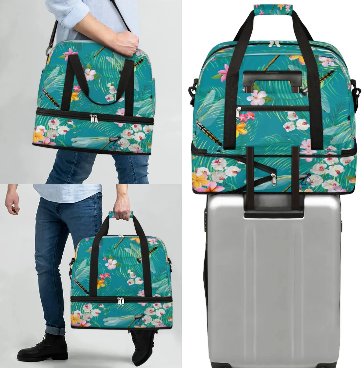 Cartoon Dragonfly Floral Sports Gym Bag with Shoes Compartment Foldable Travel Duffel Bag Dry Wet Separated Sports Tote Workout Weekender Overnight Bag for Women Yoga Dance Work Training Handbag