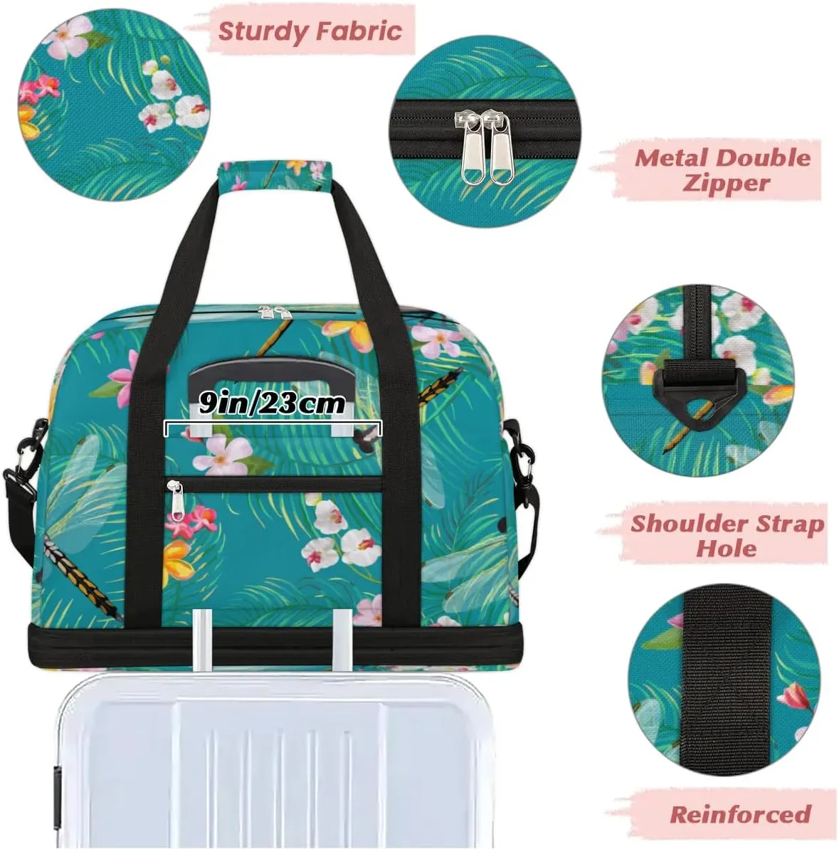 Cartoon Dragonfly Floral Sports Gym Bag with Shoes Compartment Foldable Travel Duffel Bag Dry Wet Separated Sports Tote Workout Weekender Overnight Bag for Women Yoga Dance Work Training Handbag