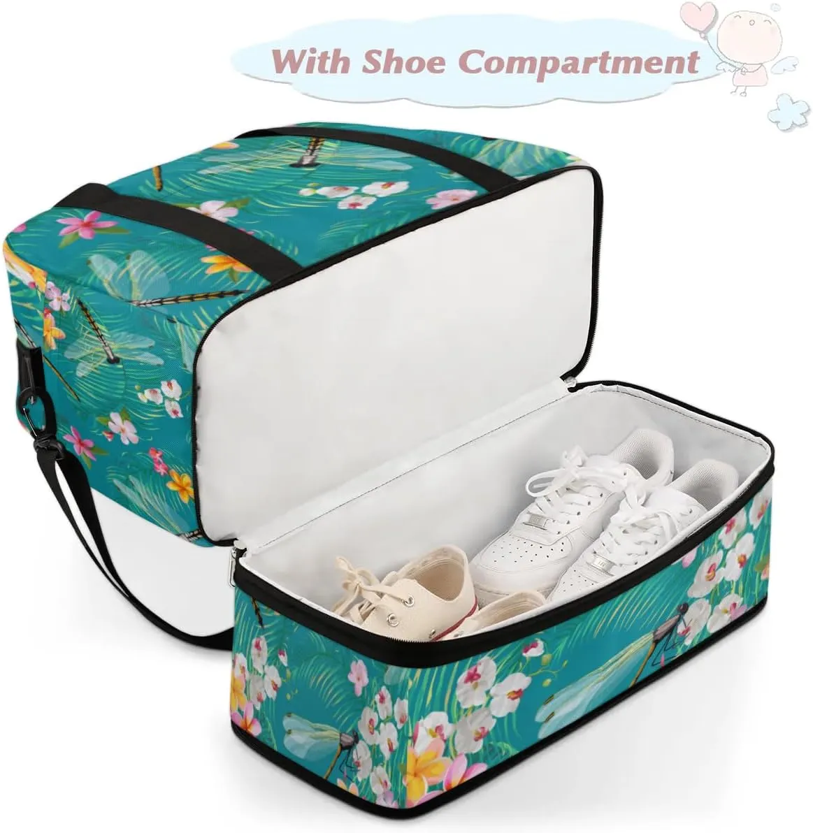 Cartoon Dragonfly Floral Sports Gym Bag with Shoes Compartment Foldable Travel Duffel Bag Dry Wet Separated Sports Tote Workout Weekender Overnight Bag for Women Yoga Dance Work Training Handbag