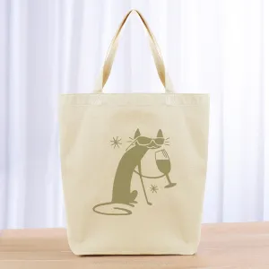 Cat and Wine Tote Bag - khaki