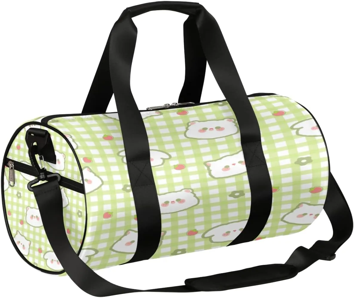 Cat Strawberry Cute Gym Bag Small Gym Duffel Bags for Men Women Gingham Overnight Weekender Workout Bag Lightweight Sport Duffle Bag Carry On Gymbag