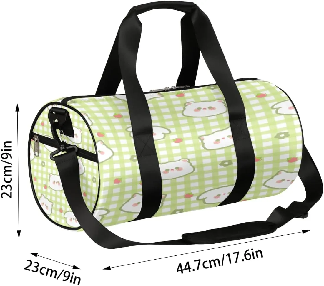 Cat Strawberry Cute Gym Bag Small Gym Duffel Bags for Men Women Gingham Overnight Weekender Workout Bag Lightweight Sport Duffle Bag Carry On Gymbag