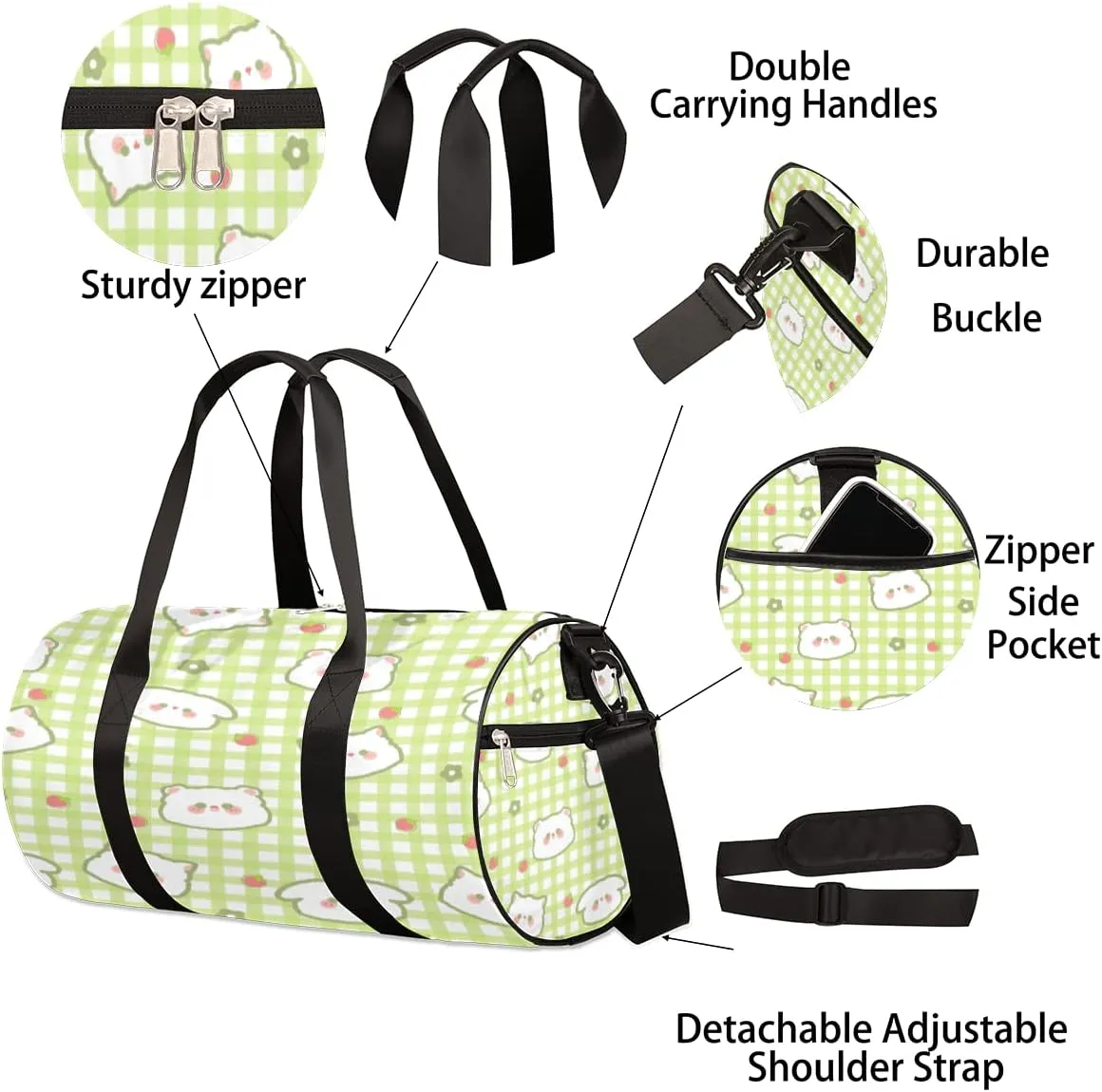 Cat Strawberry Cute Gym Bag Small Gym Duffel Bags for Men Women Gingham Overnight Weekender Workout Bag Lightweight Sport Duffle Bag Carry On Gymbag