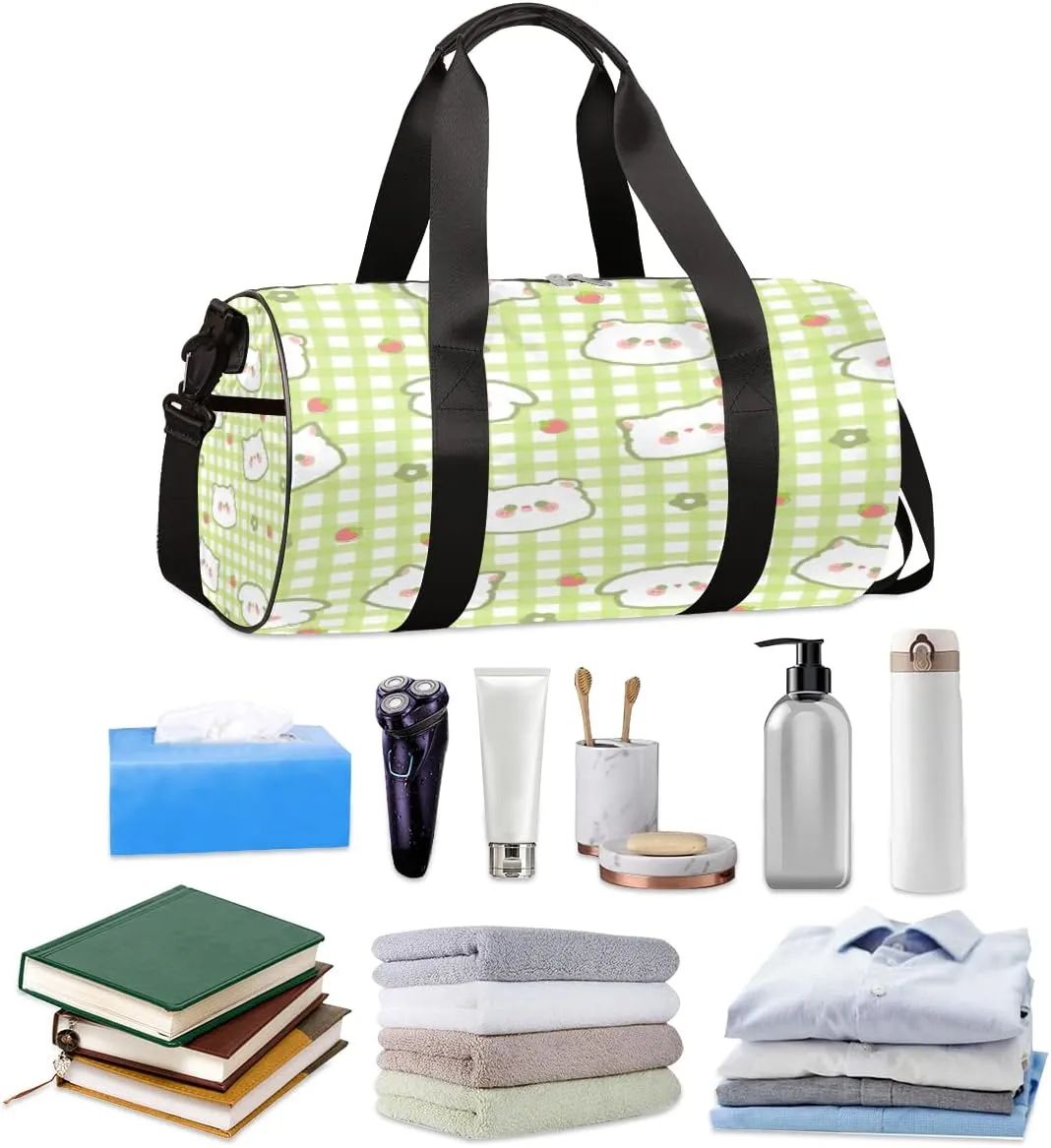 Cat Strawberry Cute Gym Bag Small Gym Duffel Bags for Men Women Gingham Overnight Weekender Workout Bag Lightweight Sport Duffle Bag Carry On Gymbag