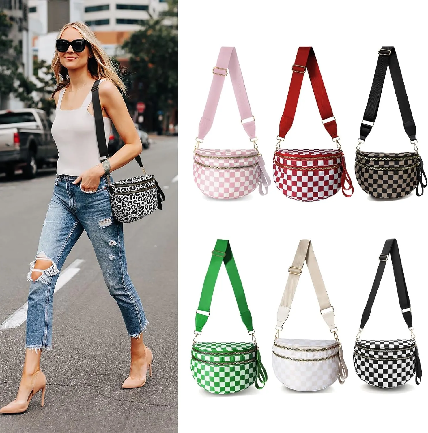 Checkered Nylon Crossbody Bags for Women Plaid Crescent Waist Bag Crescent Fanny Pack Shoulder Bag Handbags (White-Khaki)