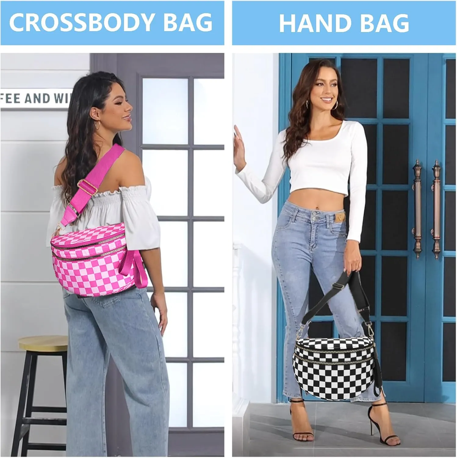 Checkered Nylon Crossbody Bags for Women Plaid Crescent Waist Bag Crescent Fanny Pack Shoulder Bag Handbags (White-Khaki)