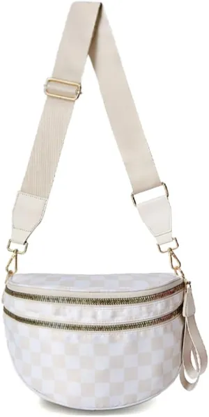 Checkered Nylon Crossbody Bags for Women Plaid Crescent Waist Bag Crescent Fanny Pack Shoulder Bag Handbags (White-Khaki)