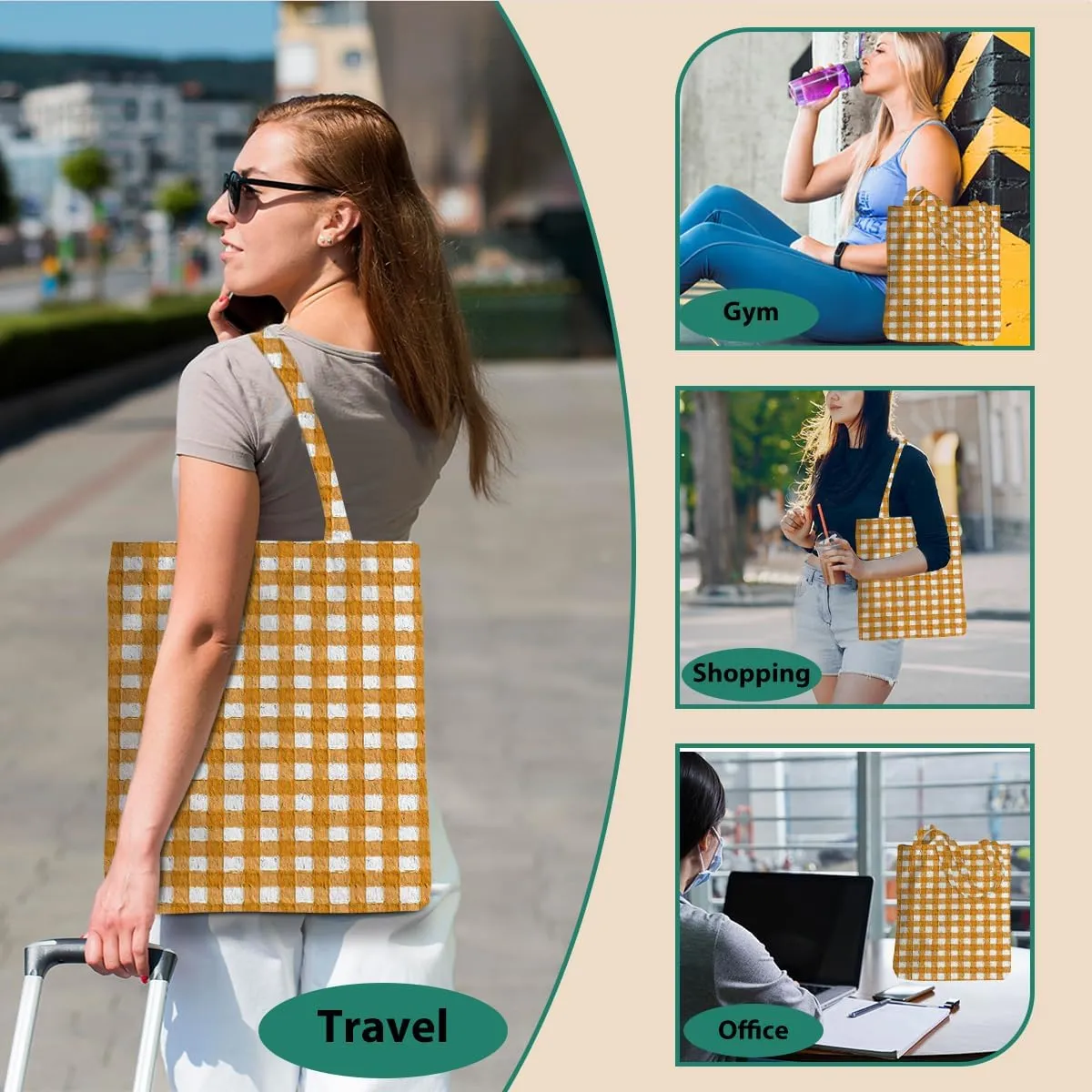 Checkered Tote Bag, Preppy Gingham Weekend Bag, Aesthetic Checked Reusable Grocery Bags for Shopping Gym Vacation
