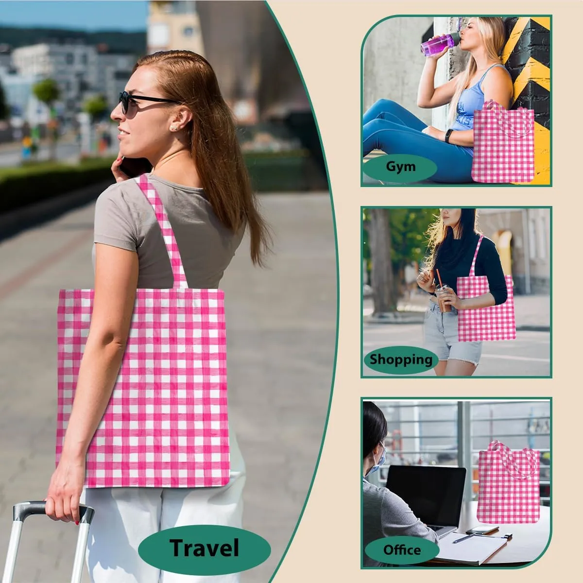 Checkered Tote Bag, Preppy Gingham Weekend Bag, Aesthetic Checked Reusable Grocery Bags for Shopping Gym Vacation