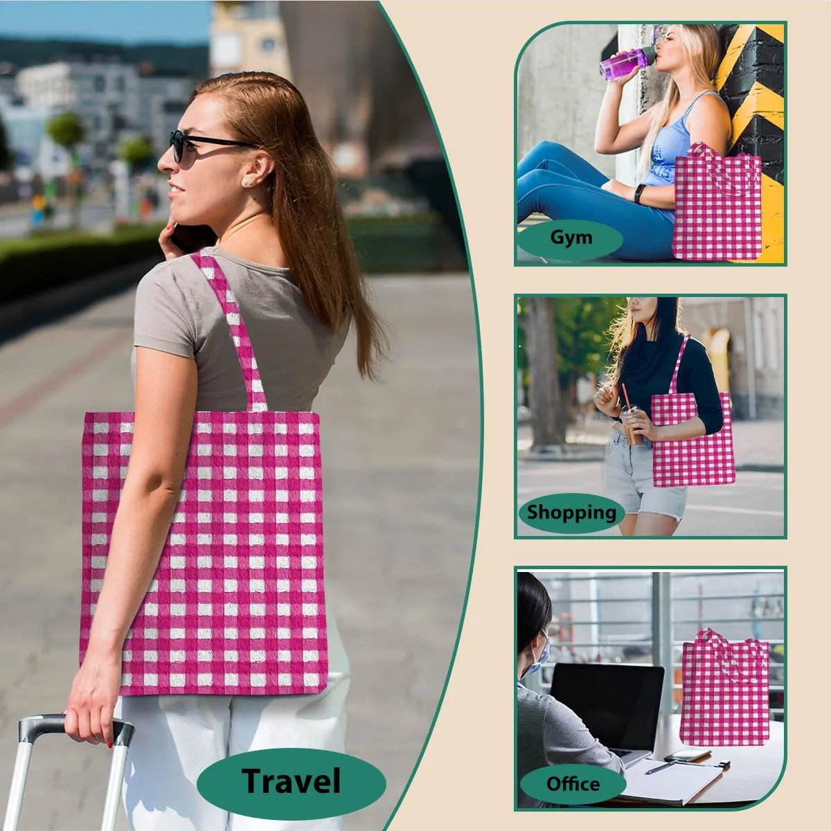 Checkered Tote Bag, Preppy Gingham Weekend Bag, Aesthetic Checked Reusable Grocery Bags for Shopping Gym Vacation