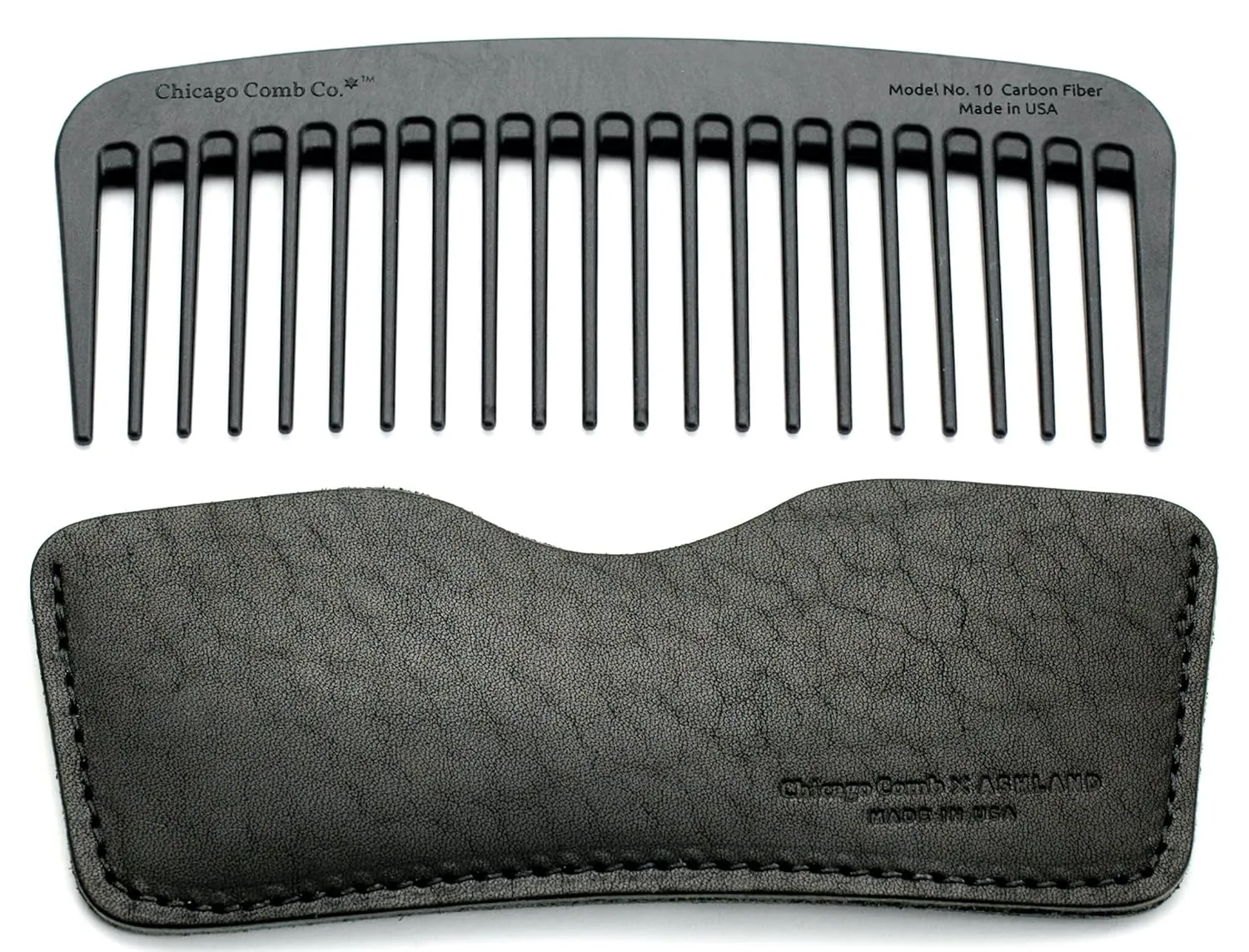 Chicago Comb Model 10 Carbon Fiber   Black Horween Leather Sheath, Wide Tooth, Made in USA