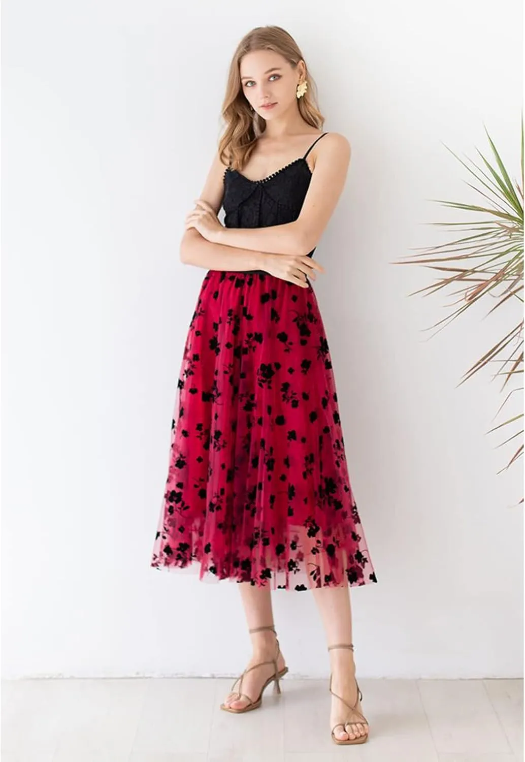 CHICWISH Women's 3D Posy Double-Layered Mesh Midi Skirt