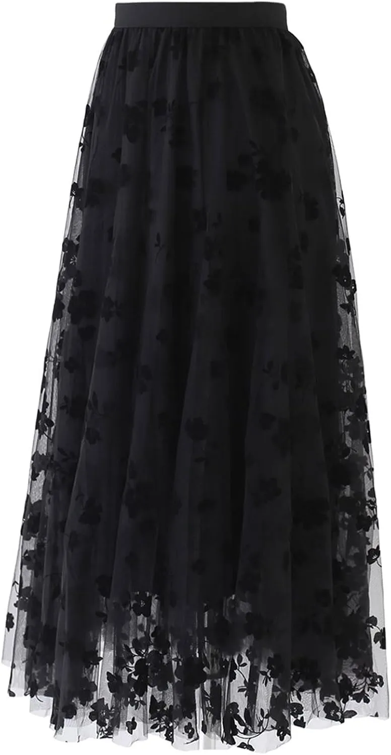 CHICWISH Women's 3D Posy Double-Layered Mesh Midi Skirt