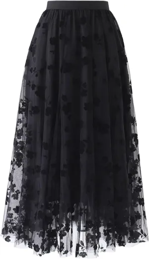 CHICWISH Women's 3D Posy Double-Layered Mesh Midi Skirt