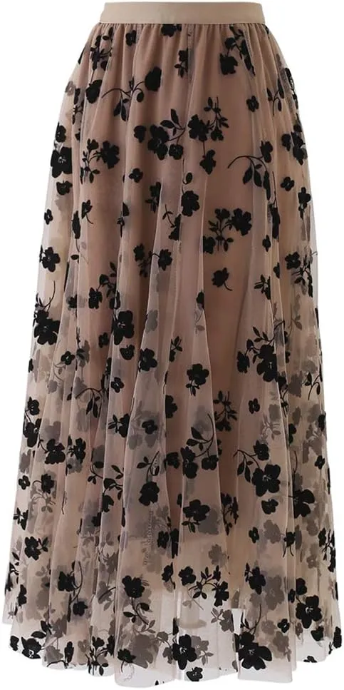 CHICWISH Women's 3D Posy Double-Layered Mesh Midi Skirt