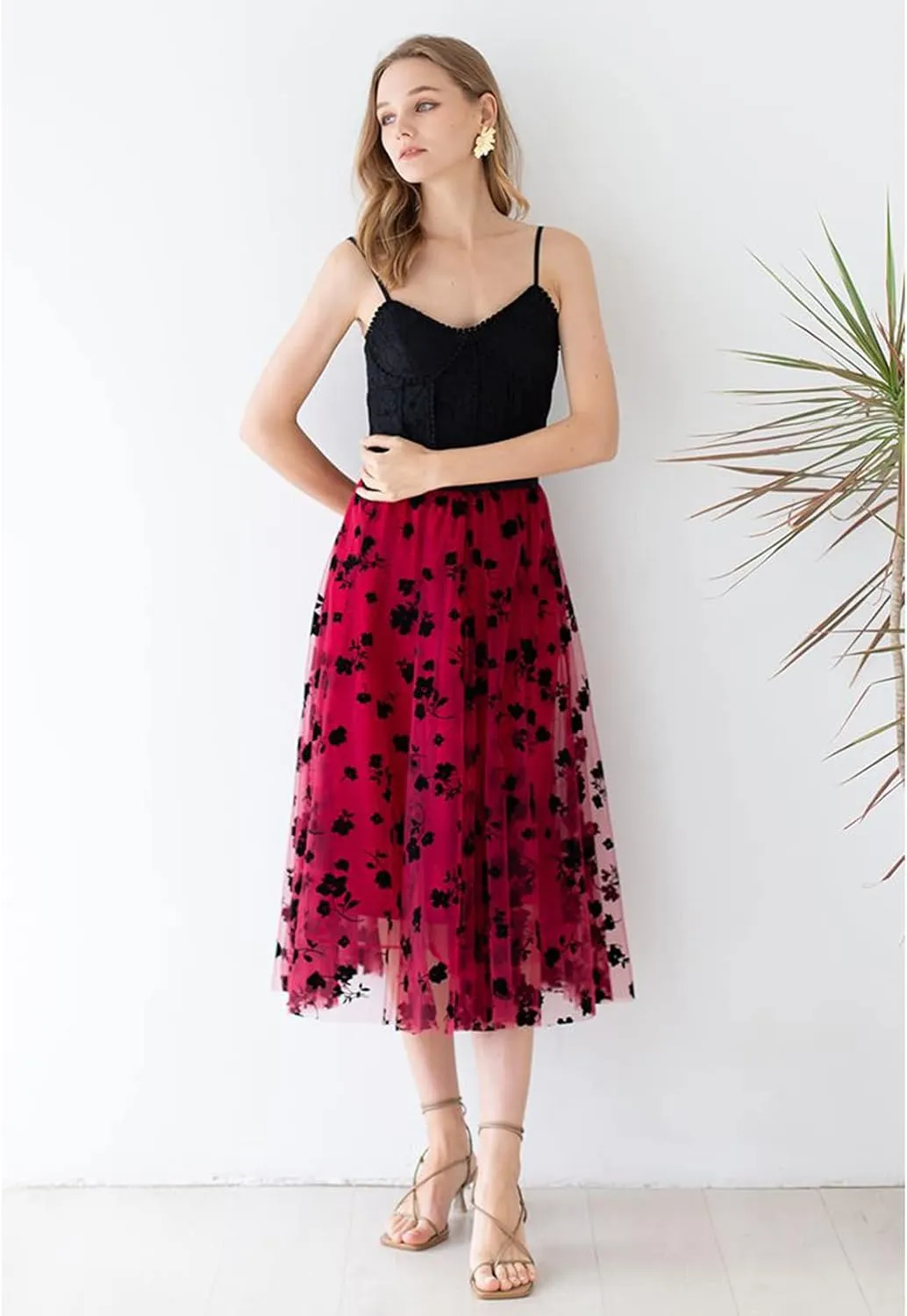 CHICWISH Women's 3D Posy Double-Layered Mesh Midi Skirt