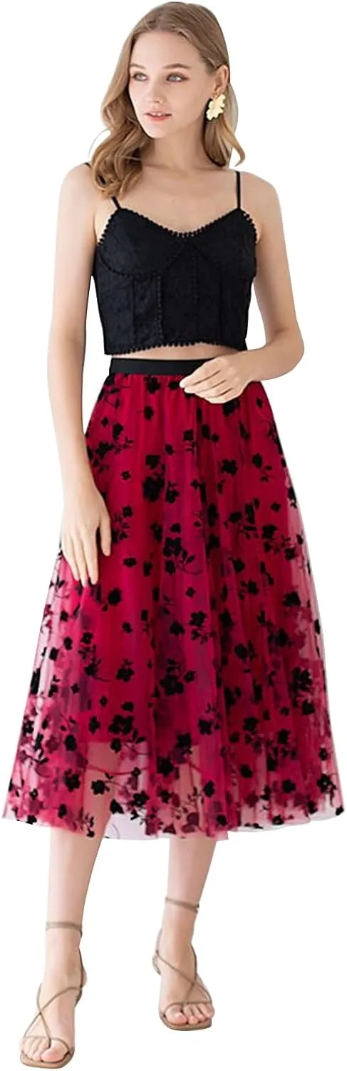 CHICWISH Women's 3D Posy Double-Layered Mesh Midi Skirt