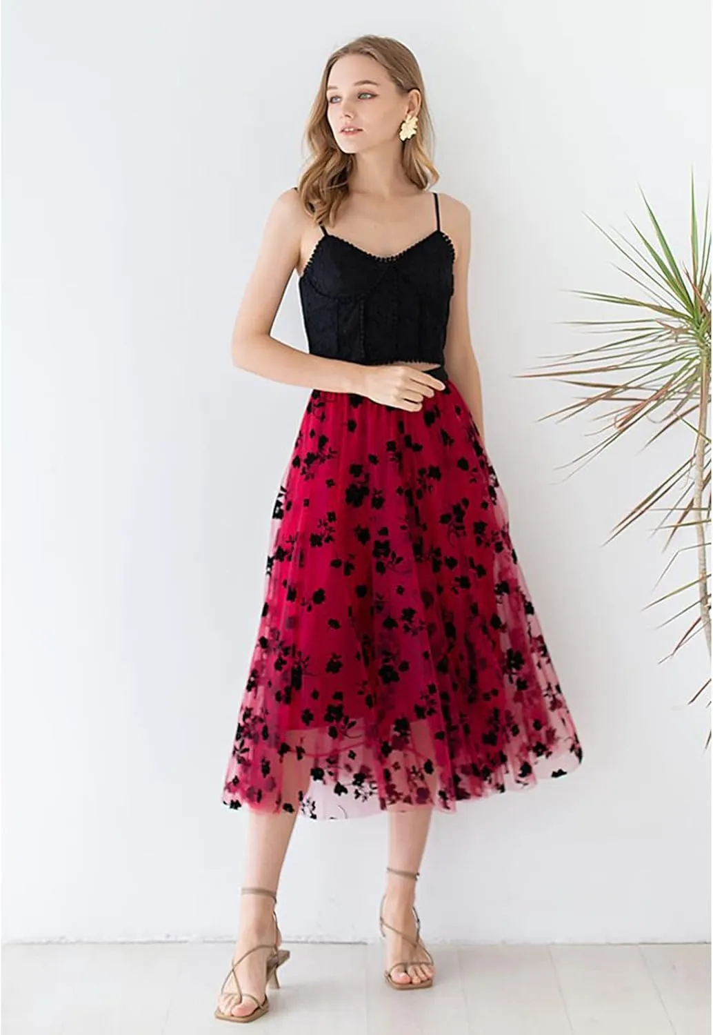 CHICWISH Women's 3D Posy Double-Layered Mesh Midi Skirt