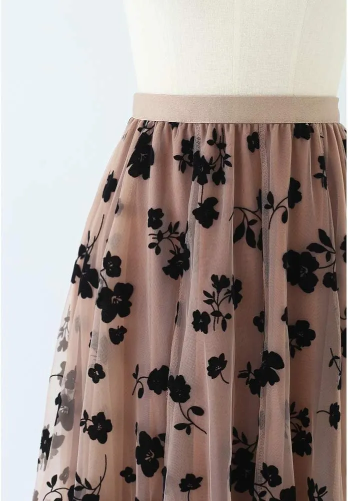 CHICWISH Women's 3D Posy Double-Layered Mesh Midi Skirt