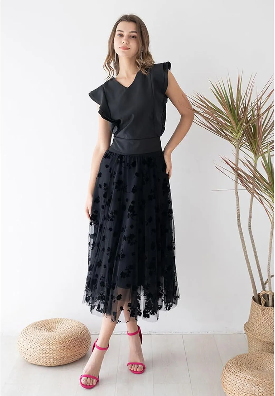 CHICWISH Women's 3D Posy Double-Layered Mesh Midi Skirt