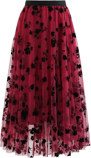 CHICWISH Women's 3D Posy Double-Layered Mesh Midi Skirt