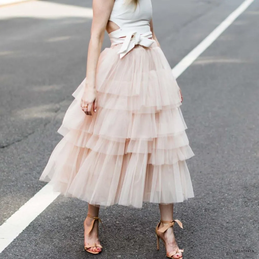 CHICWISH Women's Nude Pink/Black Tiered Layered Mesh Ballet Prom Party Tulle Tutu A-line Midi Skirt