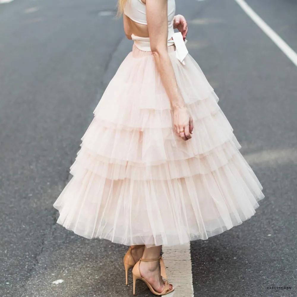 CHICWISH Women's Nude Pink/Black Tiered Layered Mesh Ballet Prom Party Tulle Tutu A-line Midi Skirt