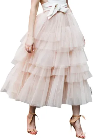 CHICWISH Women's Nude Pink/Black Tiered Layered Mesh Ballet Prom Party Tulle Tutu A-line Midi Skirt