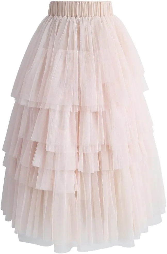 CHICWISH Women's Nude Pink/Black Tiered Layered Mesh Ballet Prom Party Tulle Tutu A-line Midi Skirt