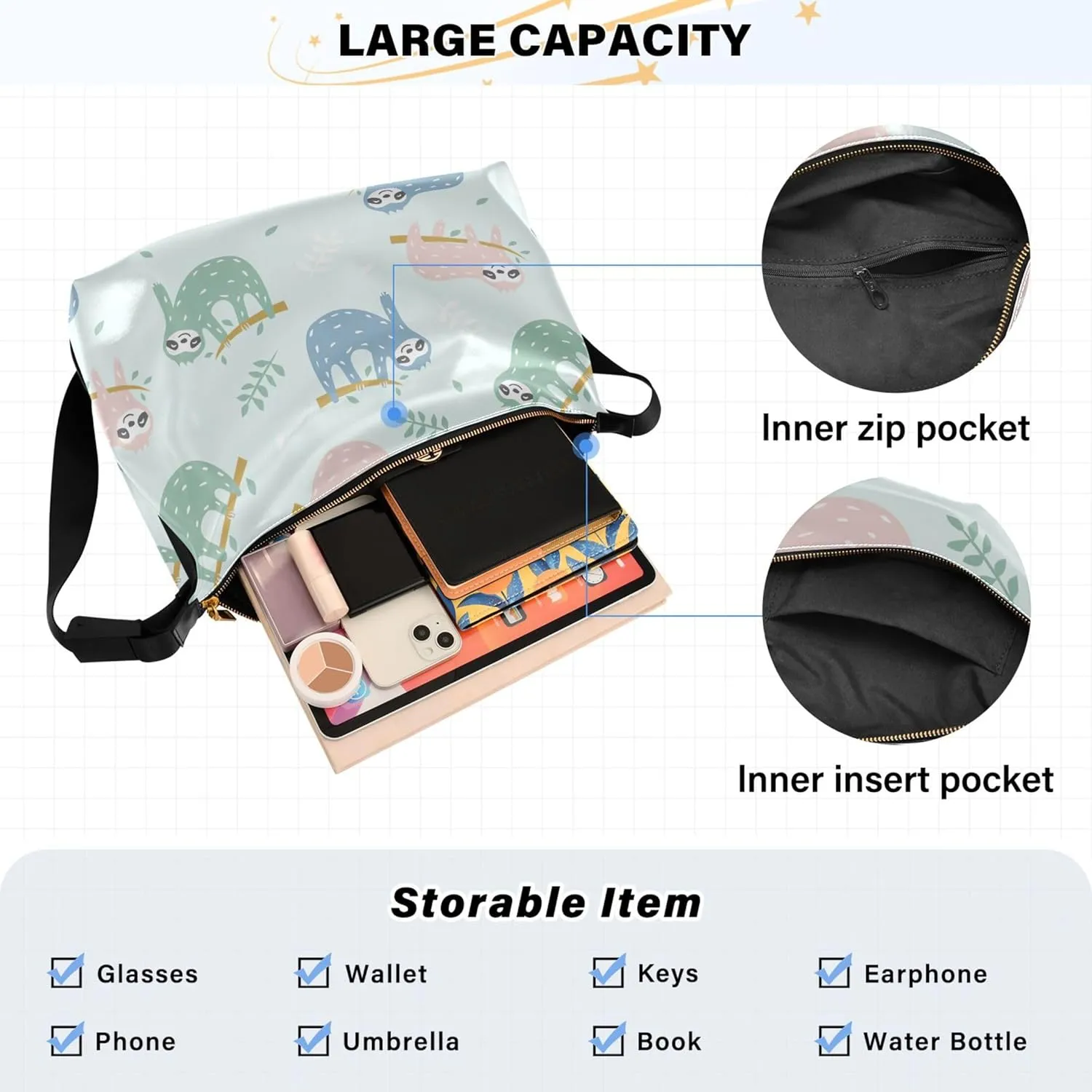 Childish Cute Sloth Creative Lady Leather Purses Hobo Large Crossbody Bags Animal Print Womens Everyday Purse