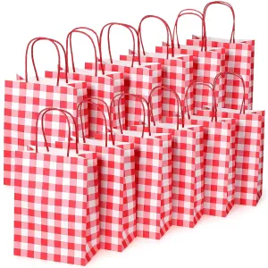 Chinco 30 Pieces Gingham Gift Bags Kraft Paper Christmas Buffalo Plaid Present Party Favor Bags with Handle for Christmas Birthday Party Supplies, 5.91 x 8.27 x 3.15 Inch(Red White)